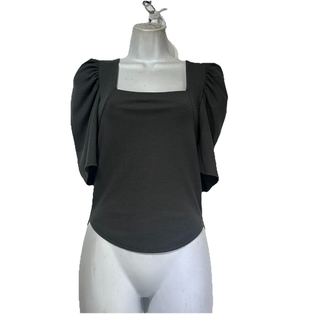 Free People We The Free Gray Night Lily Puff Shoulder Ribbed Top Blouse Size S - Picture 2 of 7
